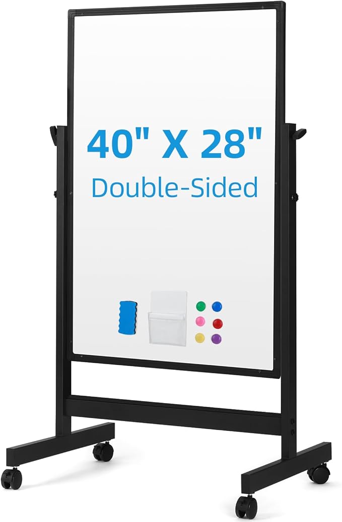 Rolling Mobile Whiteboard, 40 x 28 inches Double Sided Height Adjust Whiteboard Easel on Wheels, Reversible Magnetic Dry Erase Board with Stand for Office, Home, Classroom, Black