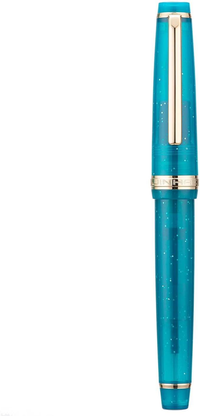 Jinhao 82 Acrylic Fountain Pen, Iridium Fine Nib with Ink Converter, Transparent Peacock Blue Fluorescent Classic Design Smooth Writing Pen (Gold Trim)