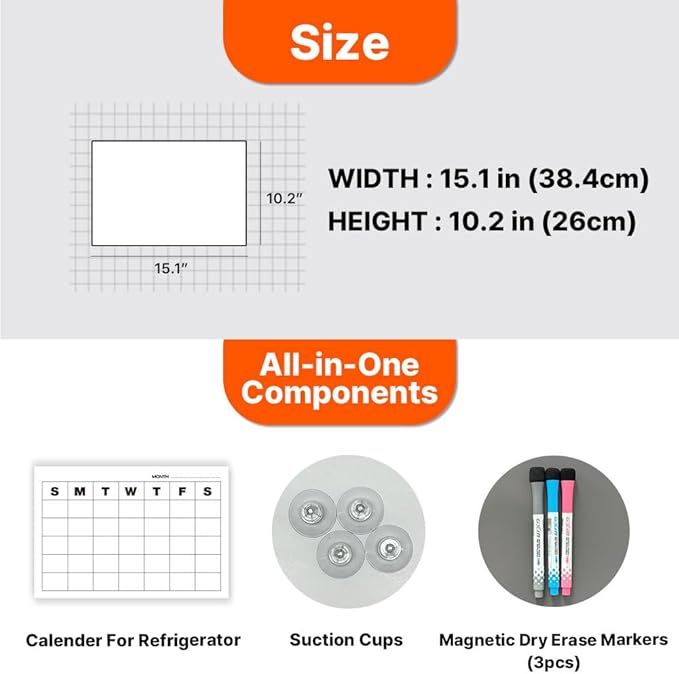 GEEKBEAR Dry Erase Refrigerator Calendar with 3 Markers - Attachable to Any Fridge with Special Suction Cups - Monthly and Weekly Designs, Acrylic - 15.7" x 10.6" (01. Basic, Monthly)