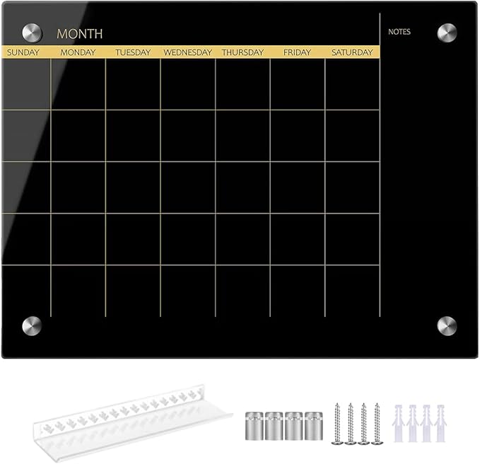 Okydoky Glass Dry Erase Whiteboard,Monthly Calendar Whiteboard,12" x 16",Frameless Glass White Board for Home,School,Office,Black Surface(GlassA-BK-3040)
