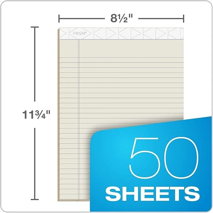 TOPS Prism Writing Pads, 8-1/2" x 11-3/4", Legal Rule, Ivory, Perforated, 50 Sheets, 12 Pack (63130)