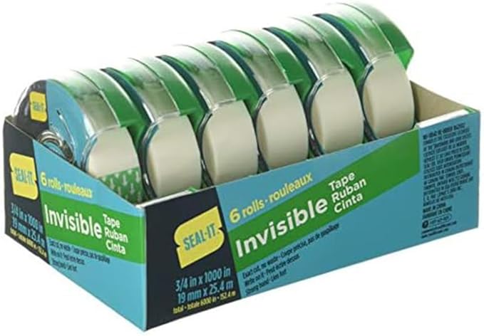 Invisible Stationery Tape 3/4 x 1000 Inches On Press N' Cut Dispenser, Pack of 6 Total 6000 Inches, White (62452)