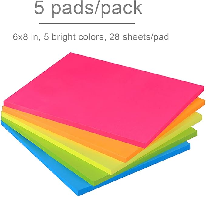 Vanpad Sticky Notes 6x8 in Bright Stickies Colorful Super Sticking Power Memo Pads Strong Adhesive 5 Pads/Pack 28 Sheets/pad