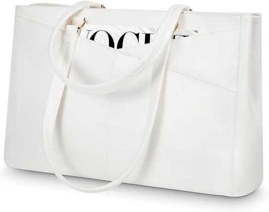 LOVEVOOK Laptop Bag for Women 15.6 Inch Tote Bags Waterproof Leather Briefcase Computer Women Business Office Work Bag,White