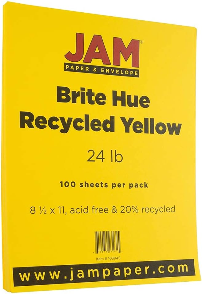 JAM PAPER Colored 24lb Paper - 90 gsm - 8.5 x 11 - Yellow Recycled - 50 Sheets/Pack