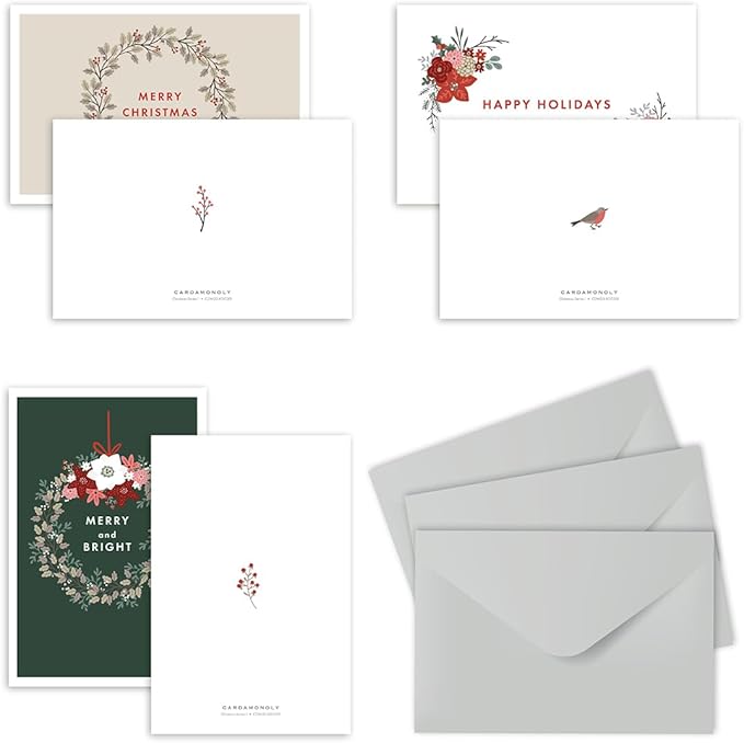 CARDAMONOLY Christmas Cards - Assorted Happy Holidays Cards Boxed with 24 Cards with Envelopes - 6 Designs Per Pack - Seasons Greetings Cards with Scandi Nordic Theme - Blank Xmas Cards