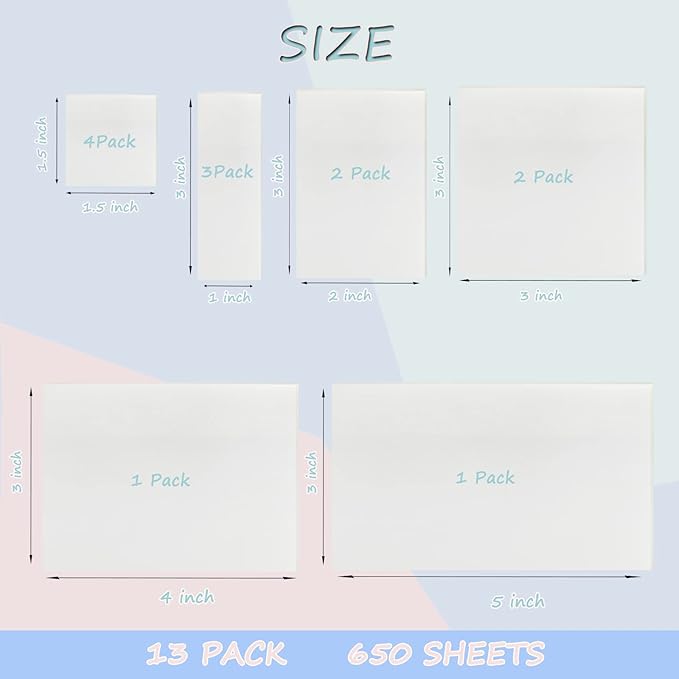 Transparent 650 Sheets, Clear, See Through Invisible Translucent Sticky Notes for School, Office 13 Packs, (1.5"x1.5" , 3"x1" , 3"x2" , 3"x3", 3"x4" ,3"x5")