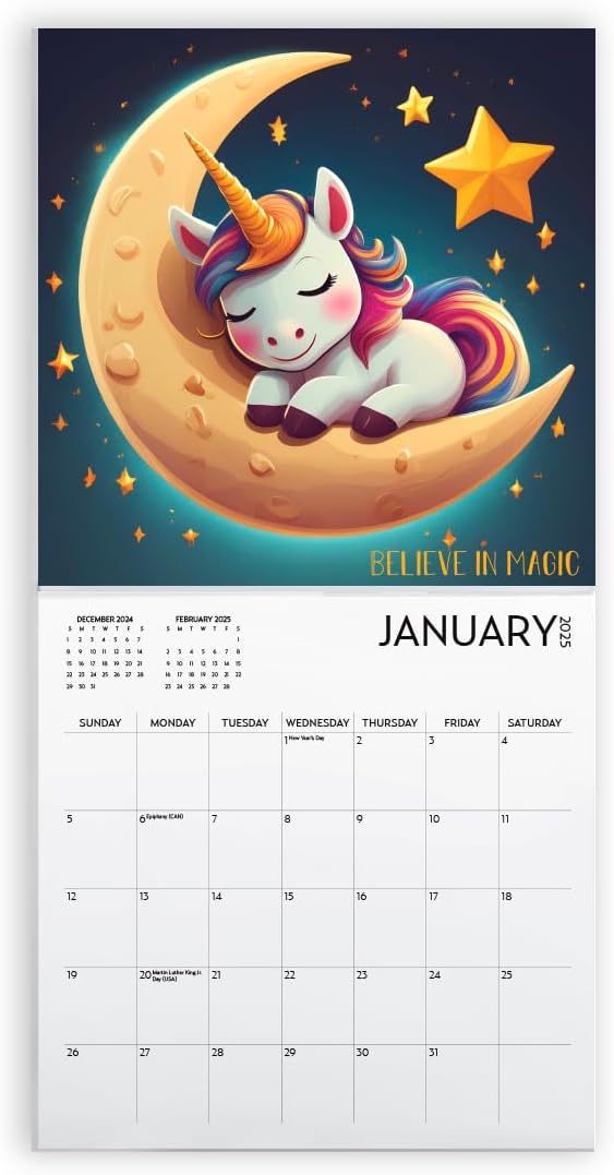 Unicorn Calendar 2025 with Sticker Pack, Large 12 x 12 inch, Unicorn Wall Calendar with Sticker Set, Gift for Unicorn Lovers, Cute Calendar for girls