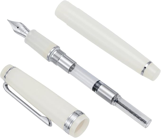Jinhao 82 Acrylic Fountain Pen, Iridium Bent Nib with Ink Converter, Transparent Ivory White Classic Design Calligraphy Pen (Silver Trim)