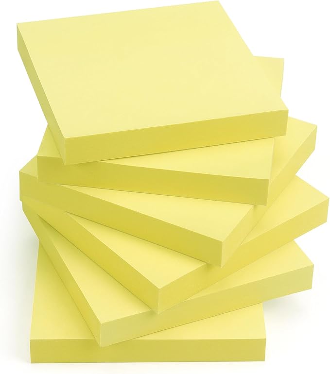 Sticky Notes 3x3 Self-Stick Notes Pads with 6 Bright Colors, Easy to Post for Office, Shool, Home, 6 Pads/Pack, 100 Sheets/Pad (Yellow)
