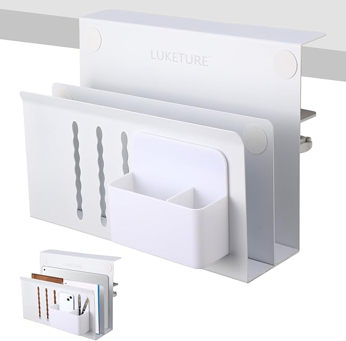 LUKETURE Desk Side Storage, 2 Tier Steel Hanging Organizer, No Drill Side Desk Organizer, Laptop Holder, with Pen Holder, Hanging Table Storage for Office and Home