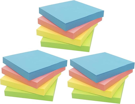 Sticky Notes 3x3, Self-Stick Notes, 12 Pads, 100 Sheets/Pad, Assorted Colors Stickies, Easy to Post Notes for Study, Works, Daily Life (12)
