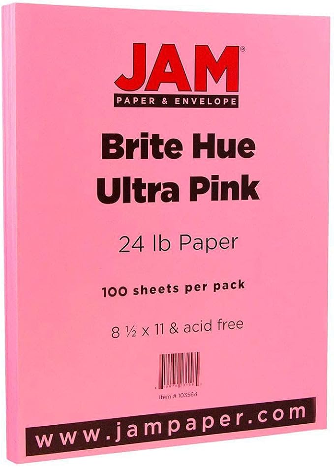 JAM PAPER Colored 24lb Paper - 90 gsm - 8.5 x 11 - Ultra Pink - 50 Sheets/Pack