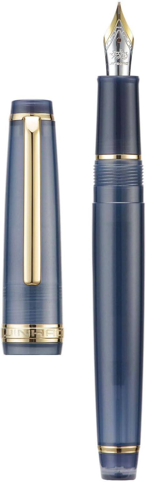 Jinhao 82 Acrylic Fountain Pen, Iridium Bent Nib with Ink Converter, Transparent Dark Blue Classic Design Calligraphy Pen (Gold Trim)