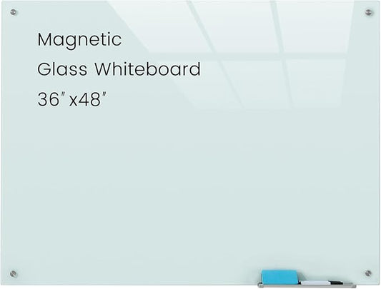 Glass Magnetic White Board - 48 x36 Inches Dry Erase Glass Whiteboard for Wall, Wall Mounted Glass Board for Office and Schools