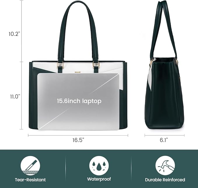 LOVEVOOK Laptop Bag for Women 15.6 Inch Tote Bags Waterproof Leather Briefcase Computer Women Business Office Work Bag,Green/White