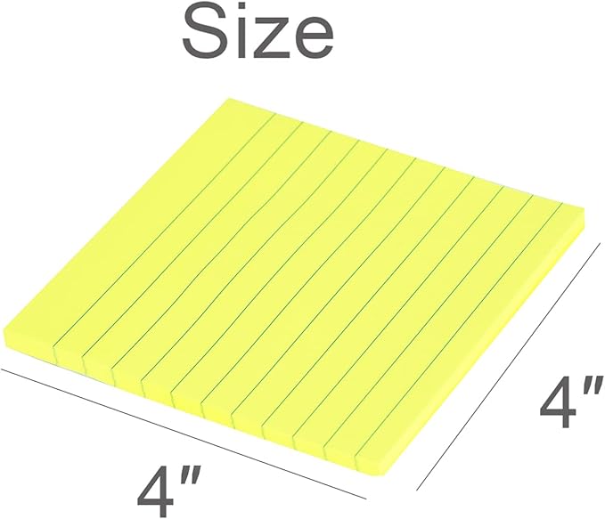 Vanpad Lined Sticky Notes 4x4 Inches, Bright Yellow Ruled Self-Stick Pads, Easy to Post for Home, Office, Notebook, 8 Pads/Pack