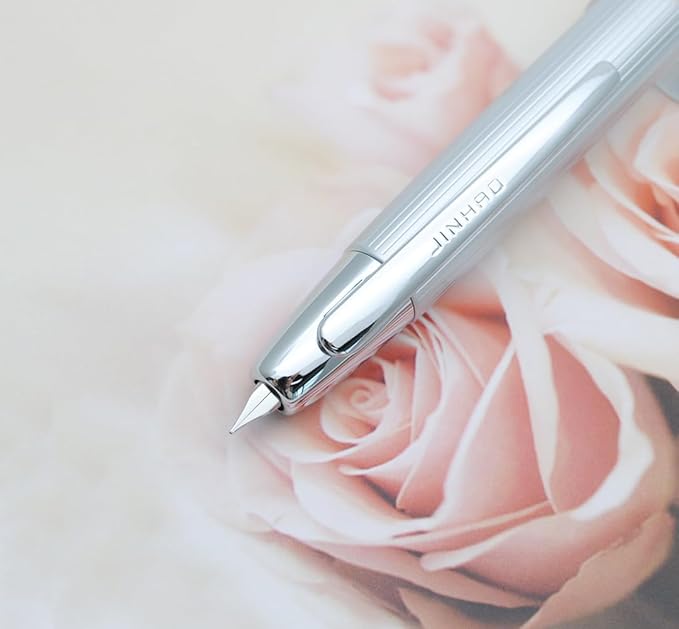 JINHAO 10 Press Fountain Pen, Retractable Metal Pen with Ink Converter (F Nib 0.5mm, Striated Silver)