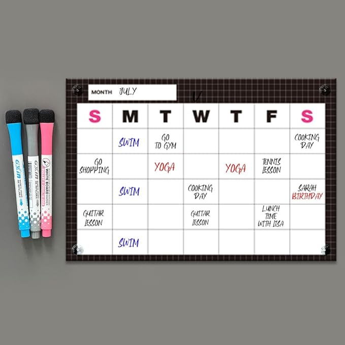 GEEKBEAR Dry Erase Refrigerator Calendar with 3 Markers - Attachable to Any Fridge with Special Suction Cups - Monthly and Weekly Designs, Acrylic - 15.7" x 10.6" (05. Black, Monthly)