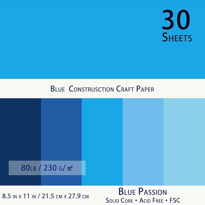 Blues Cardstock 8.5 x 11 Craft Paper Cover Stock Stash Pack- Blue Tones Assorted Colored Scrapbook Paper 80lb Card Stock for Construction Crafts, Embossing, Quilling, Cardmaking-30 Sheets