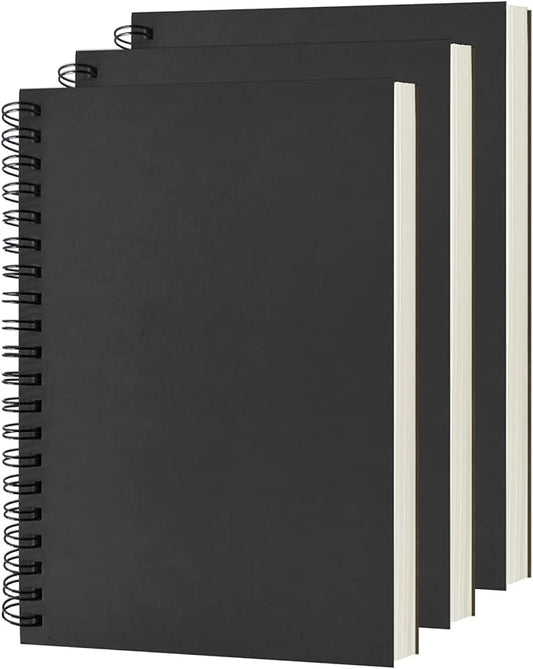 Blank Spiral Notebook, 3-Pack, Soft Cover, Sketch book, 100 Pages / 50 Sheets, 7.5 inch x 5.1 inch, 100GSM, (Black)