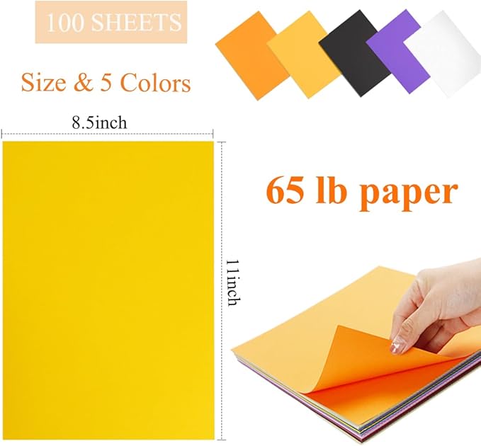 100 Sheet Assorted Halloween Colored Card Stock 65 lb Printable Card Stock Paper for DIY Halloween Card Making Hocus Pocus Party Gift Craft Supplies, 8.5 x 11 Inch