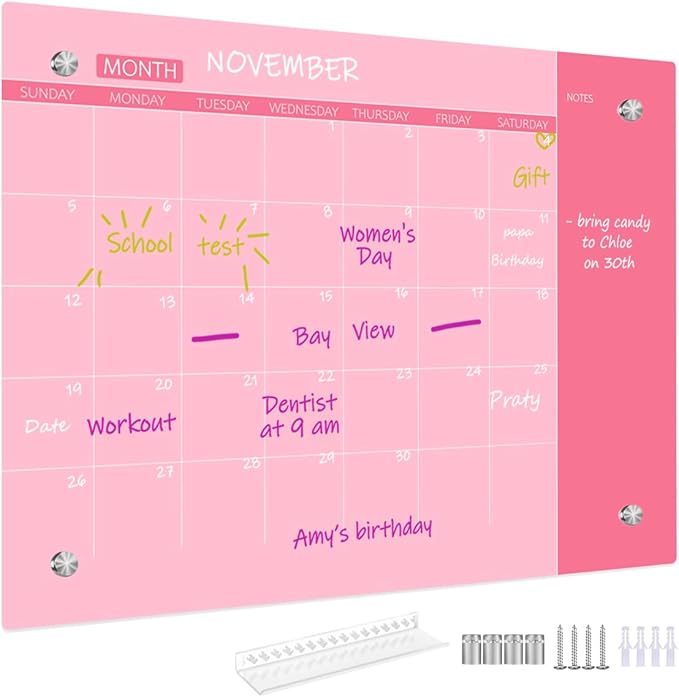 Glass Dry Erase Whiteboard, Monthly Calendar Whiteboard, Frameless Glass White Board for Home, School, Office, Pink Surface, 12" x 16"(GlassA-PK-3040)