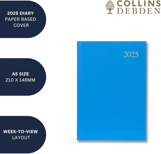 Collins Essential 2025 Business Diary - A5 Week to View Planner with Leathergrain Hardback Cover - Blue - ESSA53.60-25