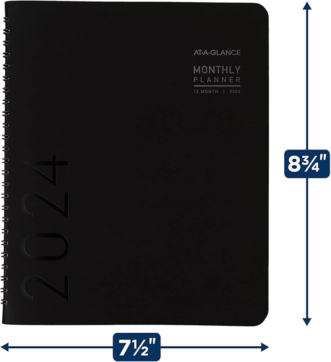 AT-A-GLANCE 2024 Monthly Planner, 7" x 8-3/4", Medium, Monthly Tabs, Faux Leather, Contemporary, Black (70120X0524)