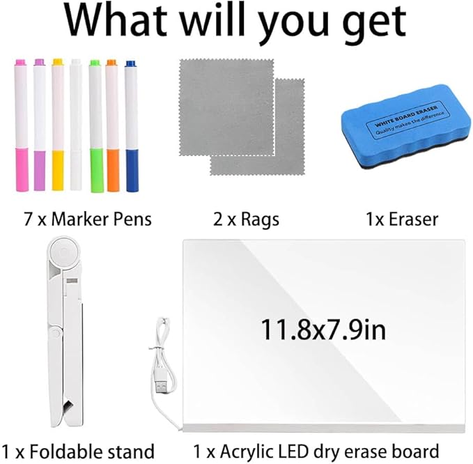 Acrylic Led Dry Erase Board - Creative Rewritable Message Board - Led Color Note Board with Stand - Light up Led Acrylic Message Board as a Glow Memo Board Note with 7 Pen - Free Eraser Easy to Clean