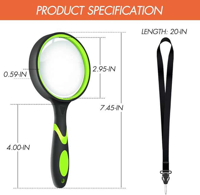 Leffis 4 Pack Magnifying Glass, 10X Non-Slip Handheld Reading Magnifier with Lanyard for Kids and Seniors, 75mm Magnifying Glass Lens for Reading, Classroom Science, and Nature Exploration