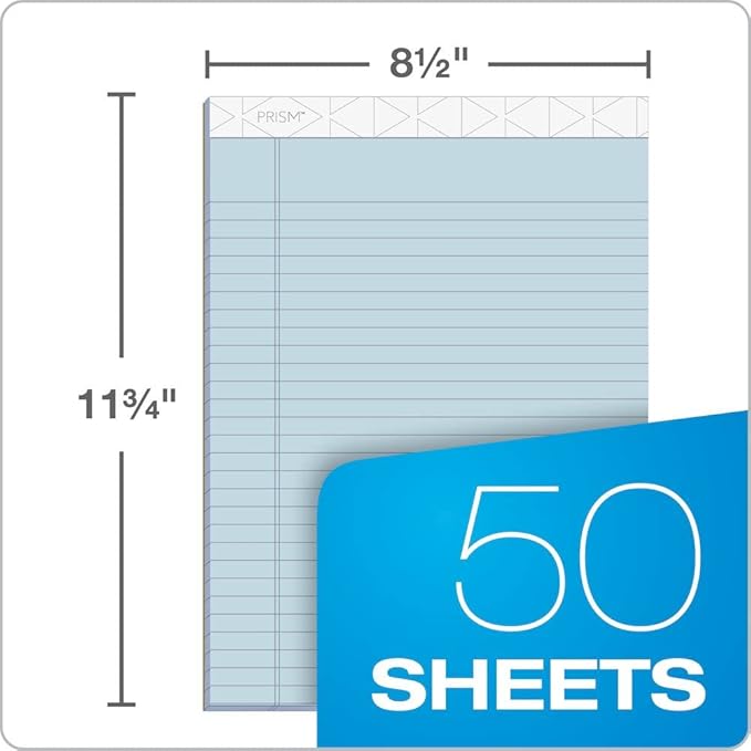 TOPS Prism Writing Pads, 8-1/2" x 11-3/4", Legal Rule, Blue, Perforated, 50 Sheets, 12 Pack (63120)