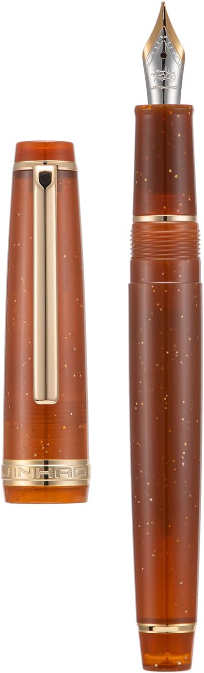 Jinhao 82 Acrylic Fountain Pen, Iridium Bent Nib with Ink Converter, Transparent Coffee Fluorescent Classic Design Calligraphy Pen (Gold Trim)