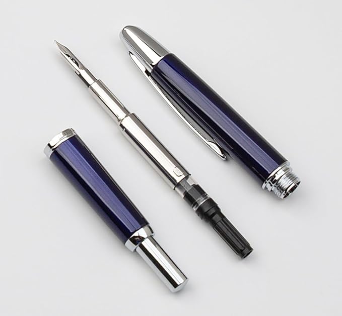 JINHAO 10 Press Fountain Pen, Retractable Metal Pen with Ink Converter (EF Nib 0.38mm, Dark Blue)