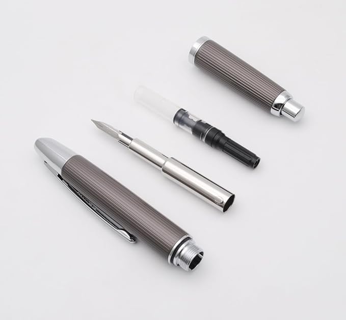 JINHAO 10 Press Fountain Pen, Retractable Metal Pen with Ink Converter (F Nib 0.5mm, Striated Dark Gray)
