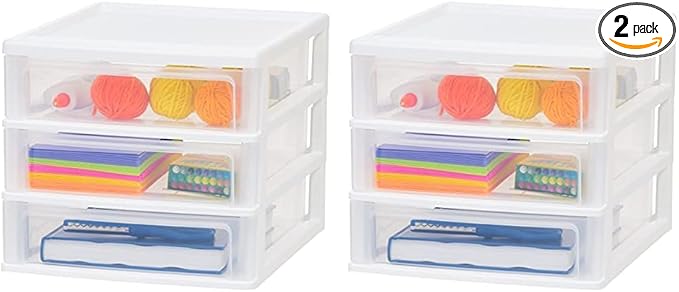 IRIS USA Plastic Stacking Desk Top 3-Drawer Storage Organizer, 2-Pack, for Makep Vanity Nail Polish Bathroom Stationery Art Craft Supplies Kitchen Office Garage and Small Organization, Medium, White
