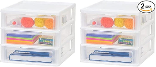 IRIS USA Plastic Stacking Desk Top 3-Drawer Storage Organizer, 2-Pack, for Makep Vanity Nail Polish Bathroom Stationery Art Craft Supplies Kitchen Office Garage and Small Organization, Medium, White