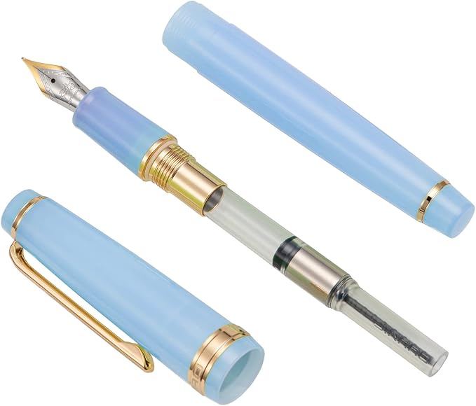 Jinhao 82 Acrylic Fountain Pen, Iridium Bent Nib with Ink Converter, Transparent Light Blue Classic Design Smooth Writing Pen (Gold Trim)