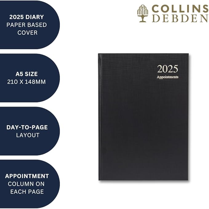Collins Essential 2025 Business Diary - A5 Day to a Page with Appointments Planner with Leathergrain Hardback Cover - Blue - ESSA51A.60-25
