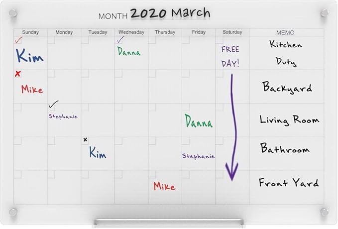 Audio-Visual Direct Magnetic Glass Dry Erase Board Set (3' x 2', Calendar Ultra White) for Wall - Monthly Planner