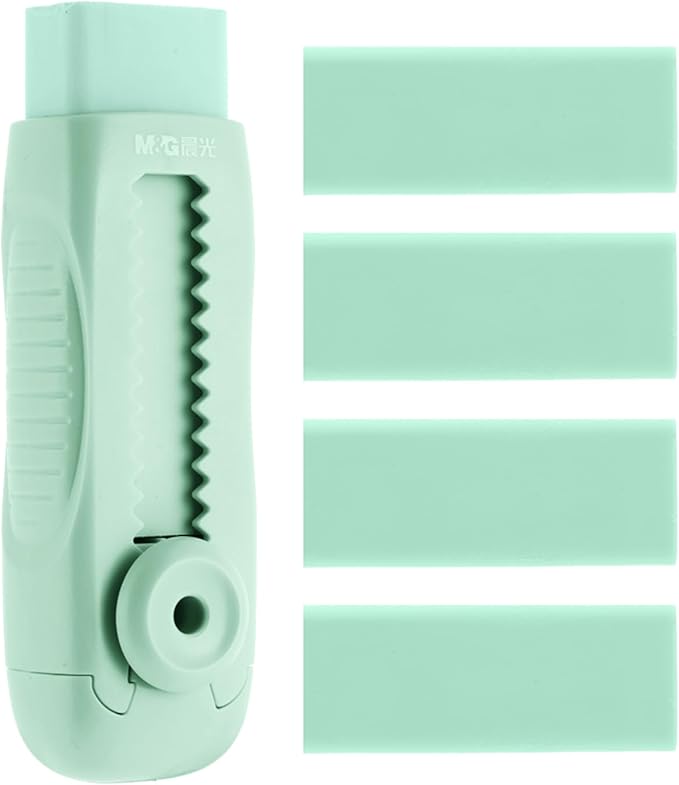 M&G 4+1 Pack Rubber Erasers Sliding Retractable Eraser, Soft Cute Erasers Push Pull Large Pencil Eraser with Plastic Sleeve 4 Refill Eraser for Students Kids, School Office Home Supplies (Green)