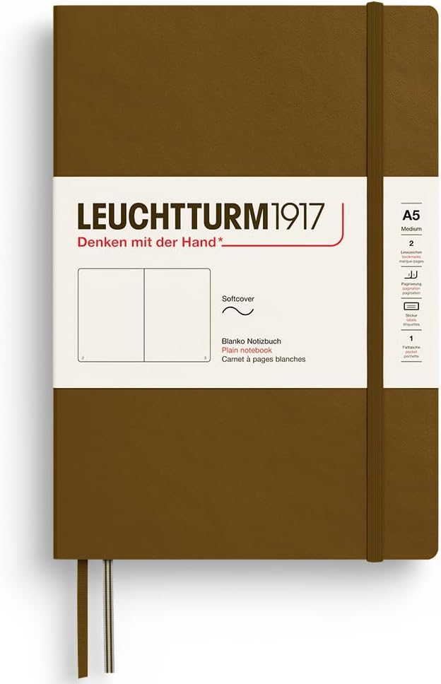 LEUCHTTURM1917 - Notebook Softcover Medium A5-123 Numbered Pages for Writing and Journaling - Thinking Ahead (Plain Paper, Spice Brown)