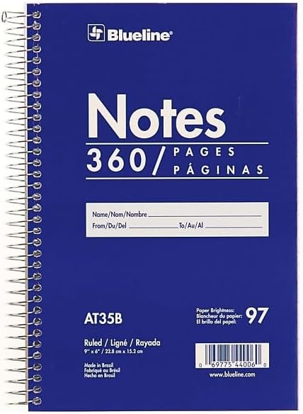Blueline Steno Pad/Note Pad, Spiral Binding with Flexible Blue Cover, 9 x 6 x 0.813 Inches, 360 Pages (AT35B)