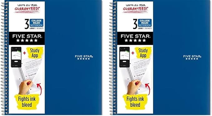 Five Star Spiral Notebook + Study App, 3 Subject, College Ruled Paper, Fights Ink Bleed, Water Resistant Cover, 8-1/2" x 11", 150 Sheets, Blue (73623) (Pack of 2)