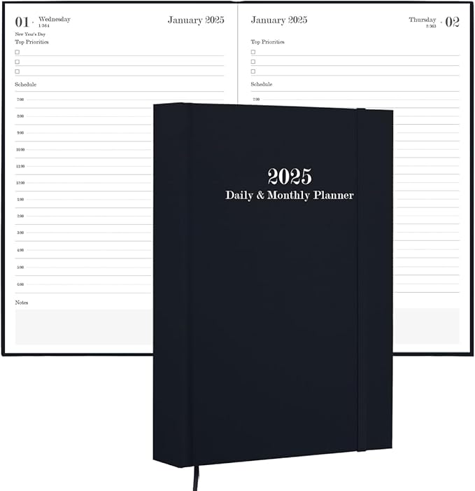 2025 Daily & Monthly Planner - 2025 Daily Planner One Page Per Day from January 2025 to December 2025, Hourly Appointment Book Perfect Organizer Daily Life, Fabric Cover, 5.8'' x 8.3'', Black