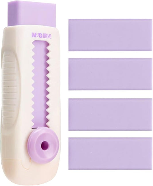M&G 4+1 Pack Rubber Erasers Sliding Retractable Eraser, Soft Cute Erasers Push Pull Large Pencil Eraser with Plastic Sleeve 4 Refill Eraser for Students Kids, School Office Home Supplies (Purple)