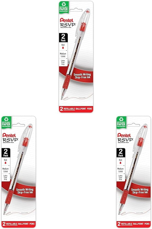 Pentel R.S.V.P. Ballpoint Pen, Medium Line, Red Ink, 2/Pack (BK91BP2B) (Pack of 3)