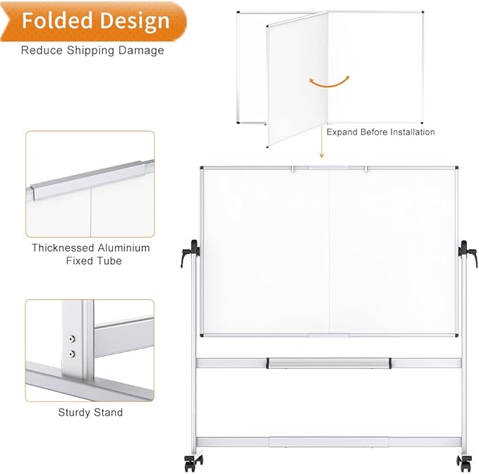 VIZ-PRO Double-Sided Mobile Whiteboard, 72 x 48 Inches, Magnetic Rolling Dry Erase White Board on Wheels with Aluminium Frame and Stand