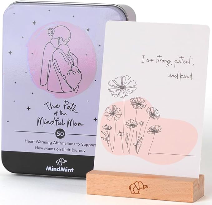 New Mom Affirmation Cards - 50 Postpartum Affirmation Cards for Self-Care, Gift for New Mom After Birth in Tin Box with Wooden Stand