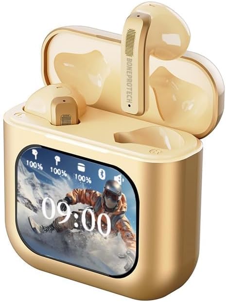 Premier Bluetooth Smart Touch Earbuds, Customizable Screen Saver, MP3 Player, Control Social Media, Calls, and Messeging, Advanced V5.3 Technologies 2024 (Champagne)